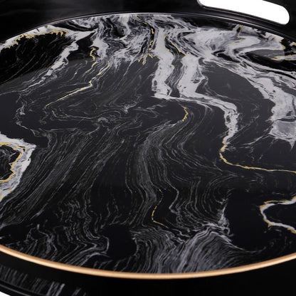 Set of 2 Round Accent Trays, Tabletop Decor, Marbling, Black, White, Gold - View 4