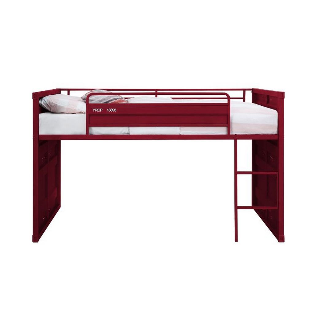 Twin Loft Bed with Metal Frame and Slide, Red - View 3