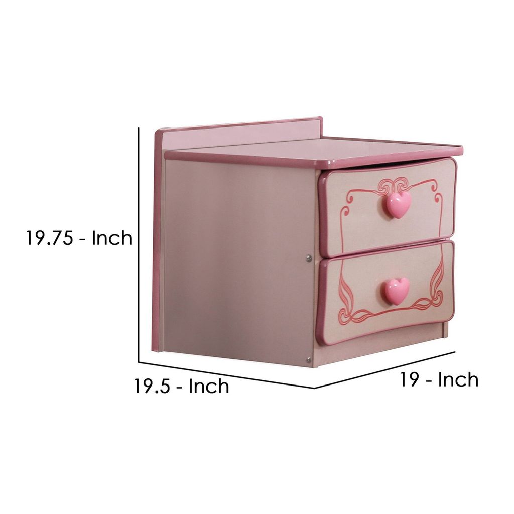 2 Drawer Wooden Nightstand with Heart Knob Pulls, Pink - View 6