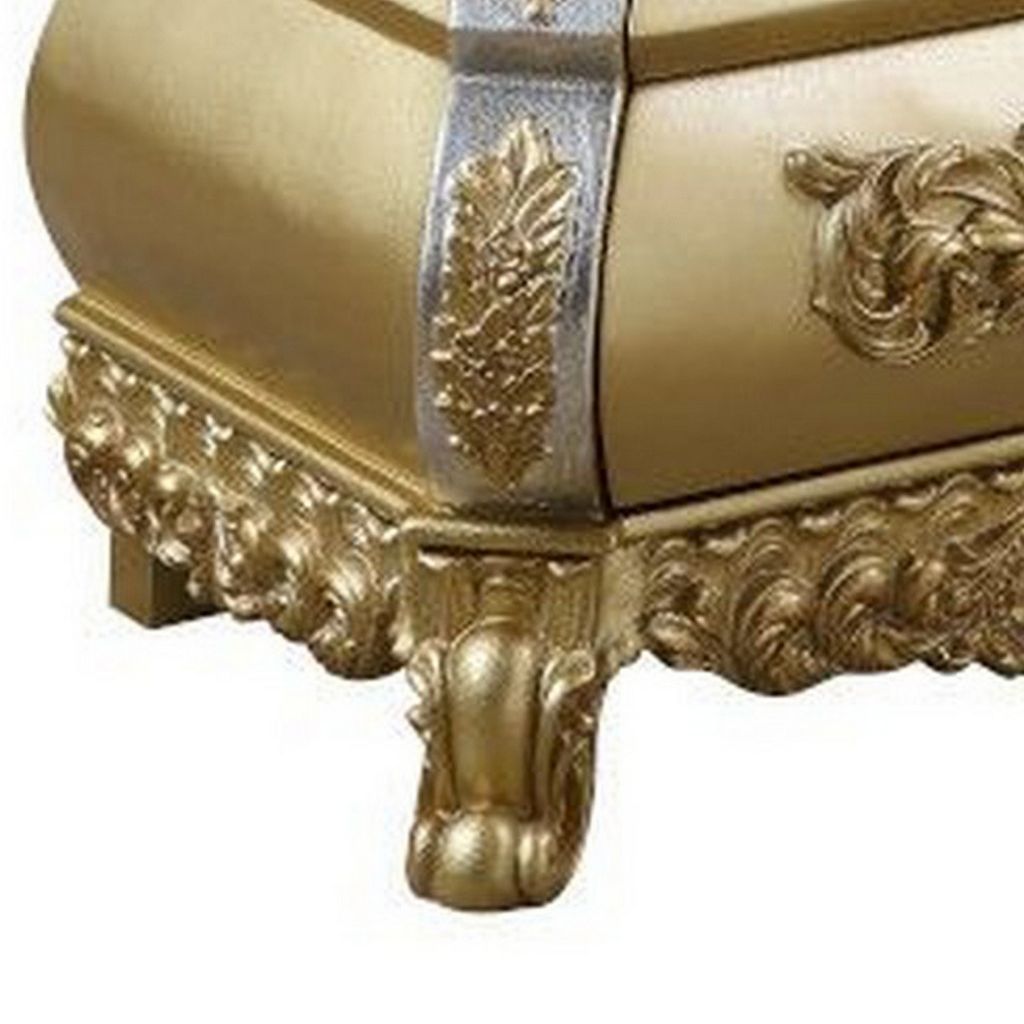 Nightstand with Bombe Shaped and 3 Carved Drawers, Gold - View 5