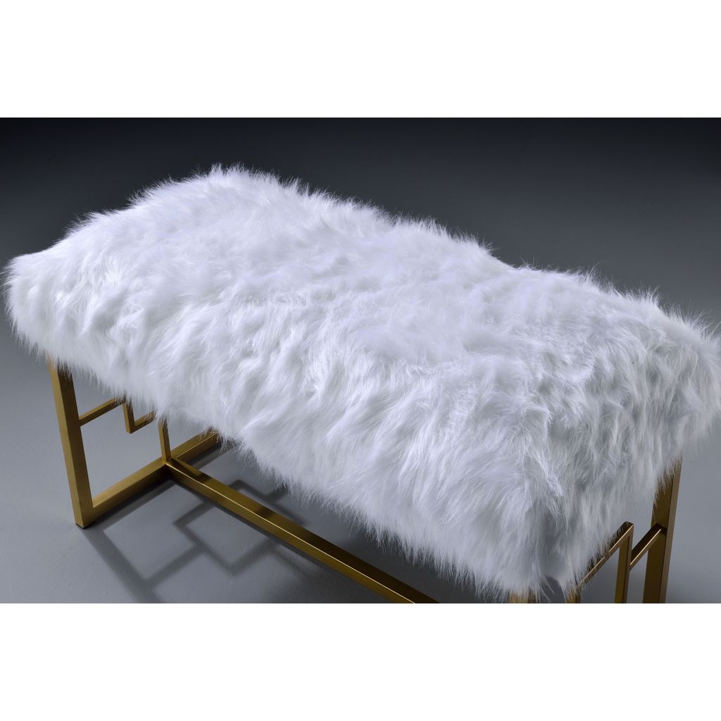 Modern Style Faux Fur Upholstered Bench with Geometrical Side Panels, White and Gold - View 5