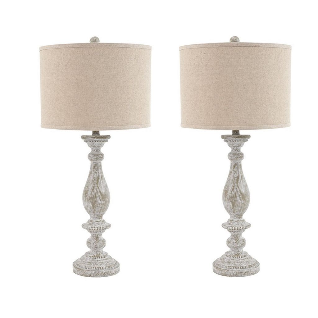 Drum Shade Table Lamp with Pedestal Base, Set of 2, Beige and Off White