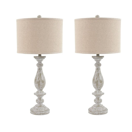 Drum Shade Table Lamp with Pedestal Base, Set of 2, Beige and Off White