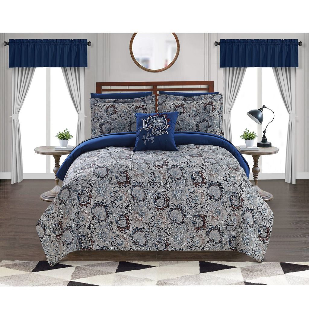 Caen 8 Piece Printed Queen Reversible Comforter Set The Urban Port, Gray and Blue - View 7
