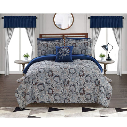 Caen 8 Piece Printed Queen Reversible Comforter Set The Urban Port, Gray and Blue - View 7