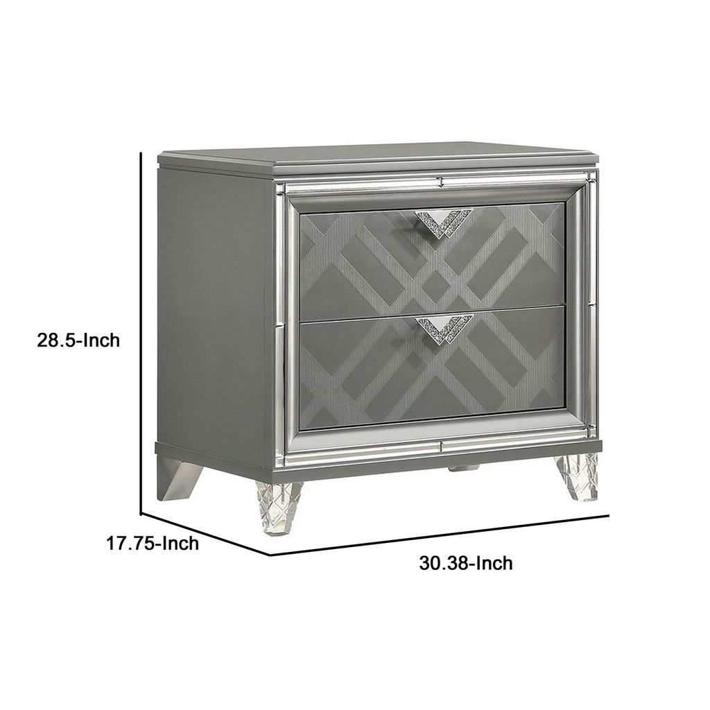 Nightstand with Embossed Pattern and Acrylic Legs, Gray - View 6