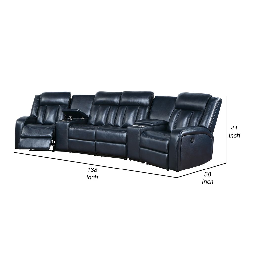 Max 5 Piece Manual Recliner Sectional Set, Vegan Faux Leather, Navy Blue - View 6