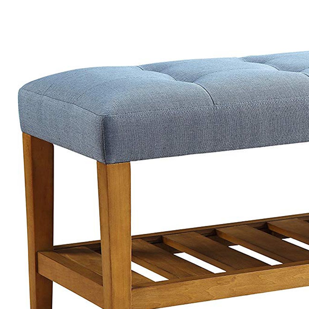 Wooden Bench, Blue & Oak - View 2