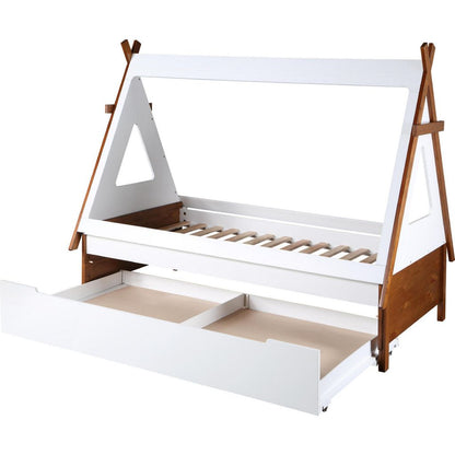 Teo Wood Twin Bed, House Shaped Bed Frame, Slat System, Brown, White - View 4