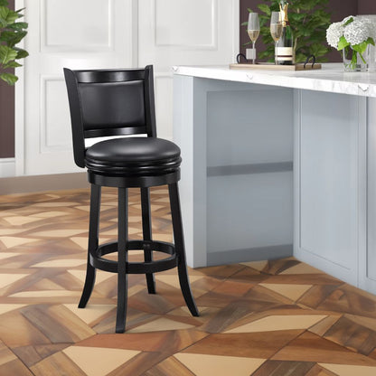 29 Inch Pio Solid Wood  Swivel Barstool, Vegan Faux Leather, Curved Backrest, Black - View 7