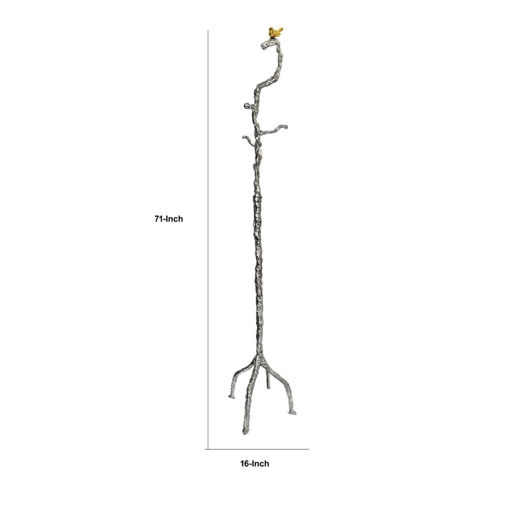 71 Inch Modern Aluminum Coat Stand, Branch Accent, Perched Bird, Silver - View 6