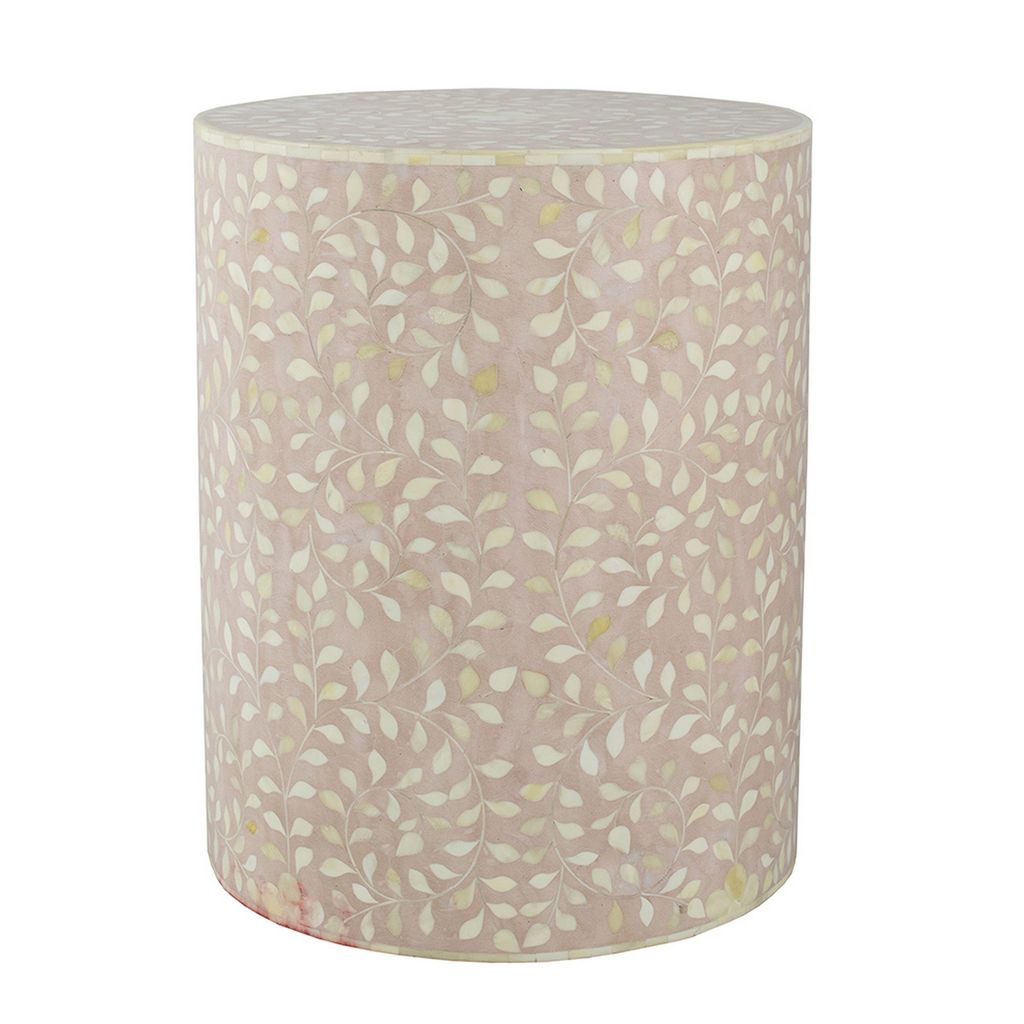 20 Inch Round Side End Table, Filigree Bone Inlay, Wood, Pale Pink, White - View 2