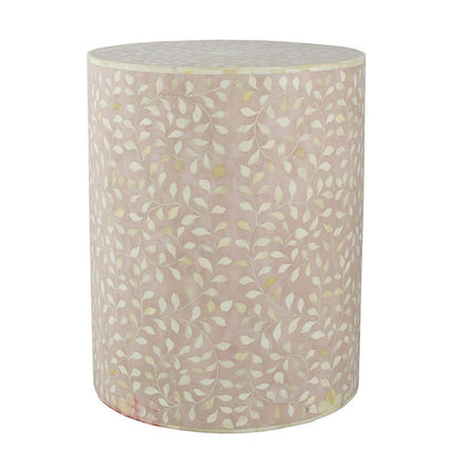20 Inch Round Side End Table, Filigree Bone Inlay, Wood, Pale Pink, White - View 2