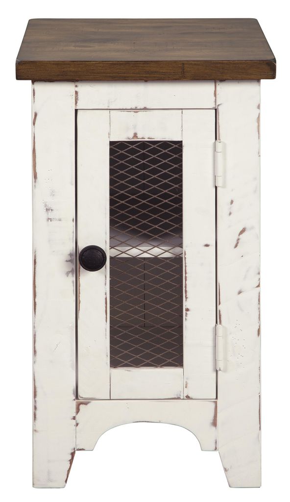 Two Tone Chair Side End Table with Wire Metal Grill Cabinet,Brown and White - View 2