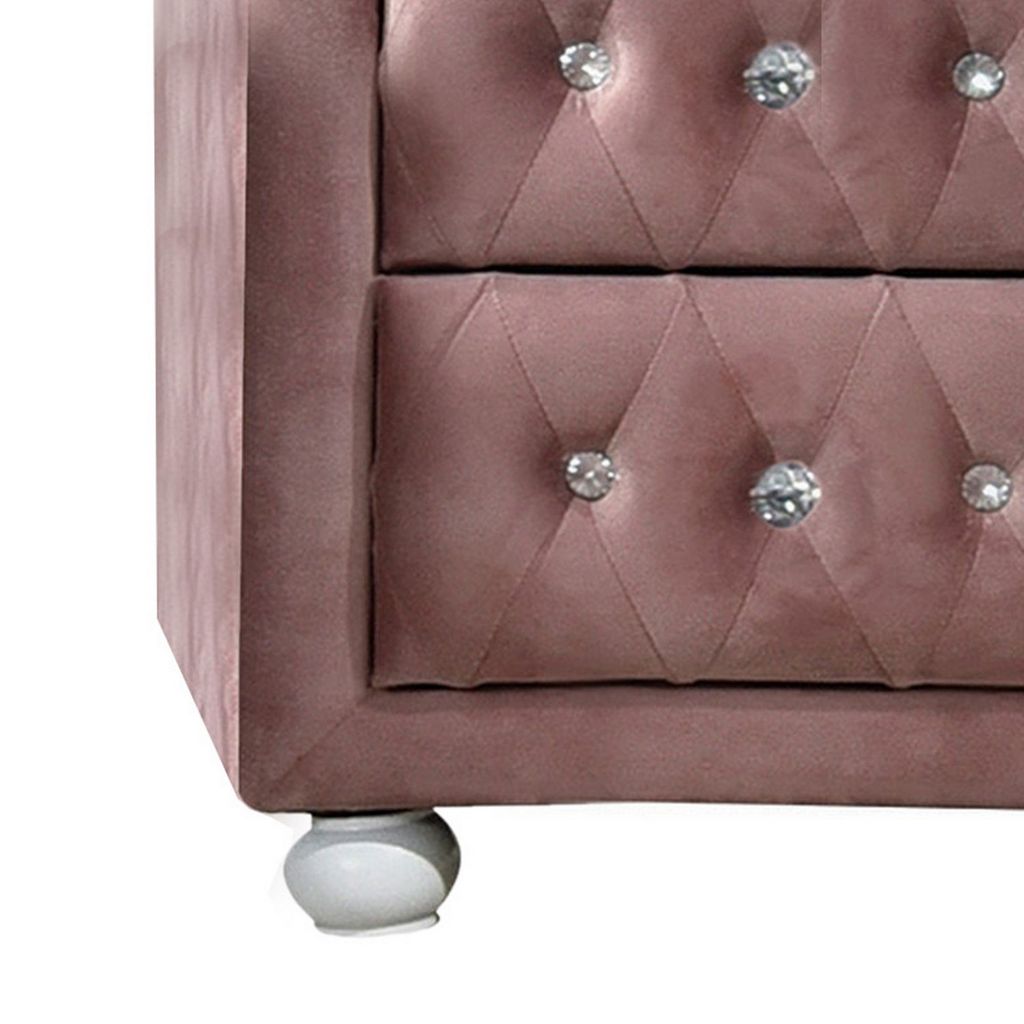 Rex 17 Inch Modern Upholstered Nightstand, 2 Drawer, Crystal Handles, Pink - View 4