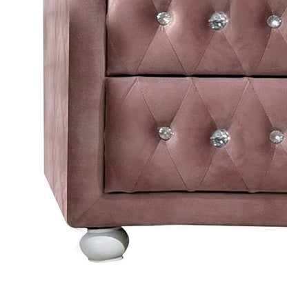 Rex 17 Inch Modern Upholstered Nightstand, 2 Drawer, Crystal Handles, Pink - View 4