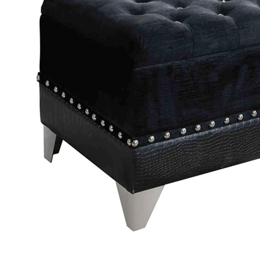 Leatherette Storage Bench with Nailhead Trims and Button Tufted Seat, Black - View 4