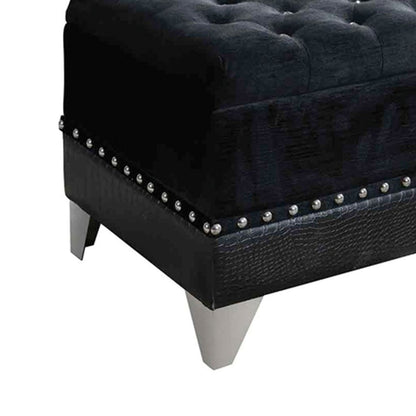 Leatherette Storage Bench with Nailhead Trims and Button Tufted Seat, Black - View 4