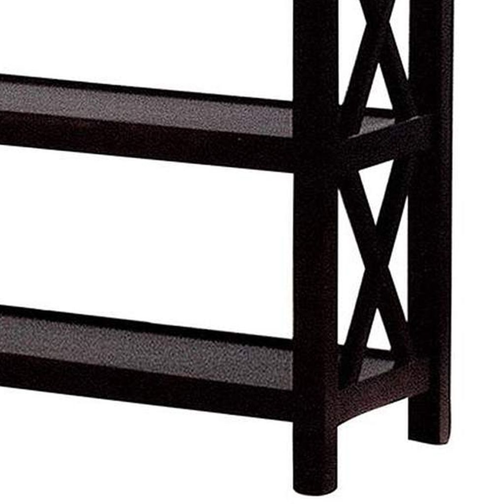 Transitional Wooden Sofa Table With "X" Side Design & Two Shelves, Dark Brown - View 5