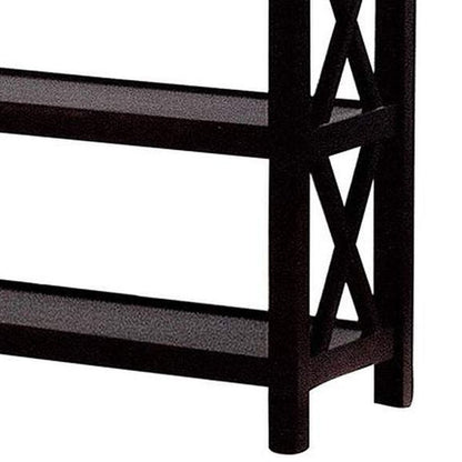 Transitional Wooden Sofa Table With "X" Side Design & Two Shelves, Dark Brown - View 5