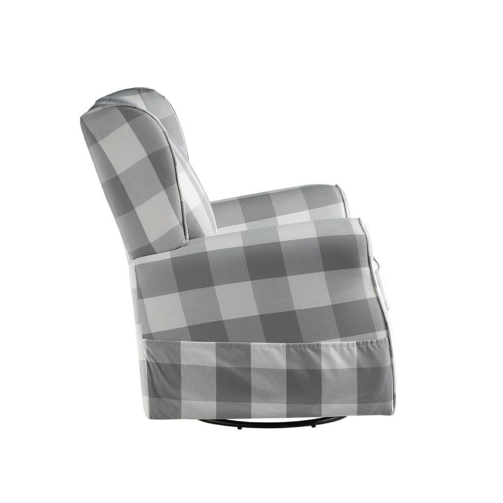 35 Inch Accent Swivel Chair, Glider, Checkered Fabric, Light Gray - View 3