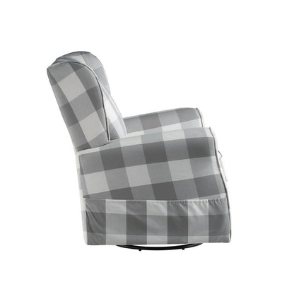 35 Inch Accent Swivel Chair, Glider, Checkered Fabric, Light Gray - View 3