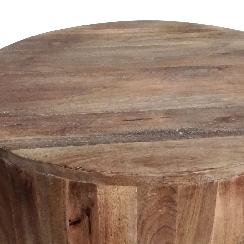 Arthur Handcarved Cylindrical Shape Round Mango Wood Distressed Wooden Side End Table, Brown - View 3