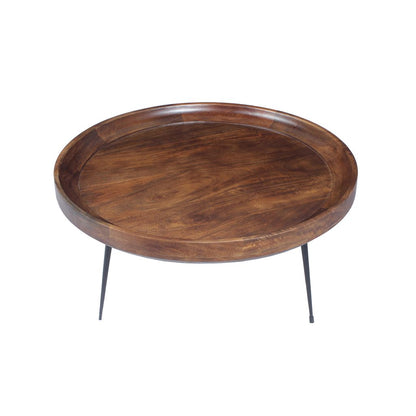Gia Round Mango Wood Coffee Table With Splayed Metal Legs, Brown and Black
