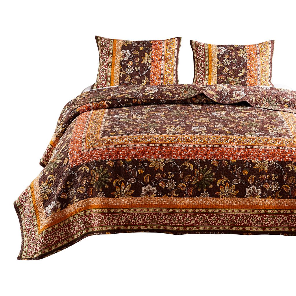 3 Piece King Quilt Set, Bohemian, Jacobean Floral Print, Brown, Orange - View 2