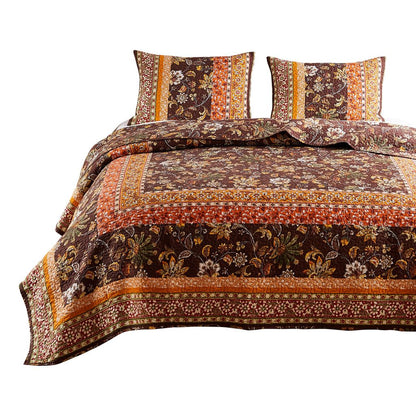 3 Piece King Quilt Set, Bohemian, Jacobean Floral Print, Brown, Orange - View 2