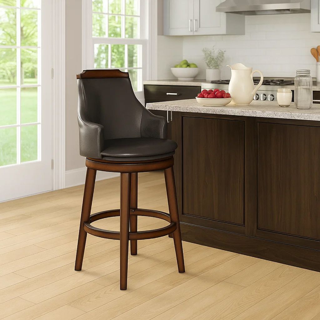 Bar Height Chair, Set of 2, Dark Brown Faux Leather, Wood Legs - View 7
