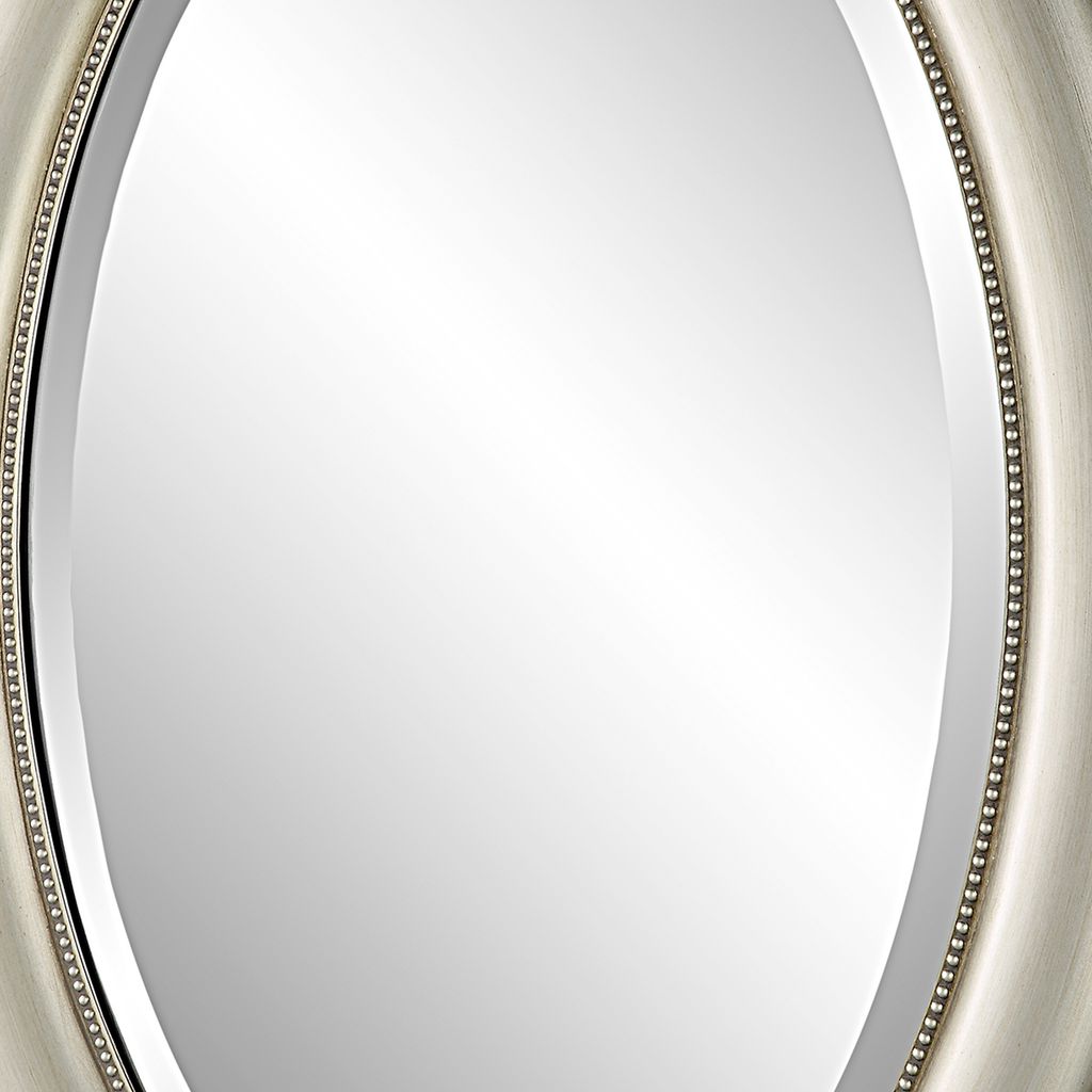 29 Inch Wood Wall Mirror, Beaded Oval Shape, Metallic Silver - View 4