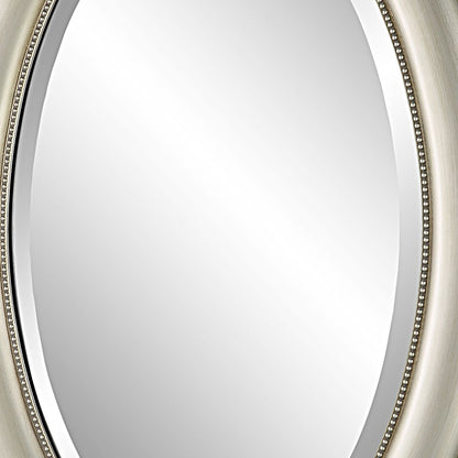 29 Inch Wood Wall Mirror, Beaded Oval Shape, Metallic Silver - View 4