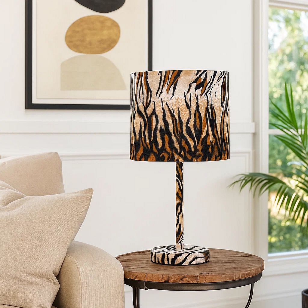 Fabric Wrapped Table Lamp with Striped Animal Print, Brown and Black - View 7