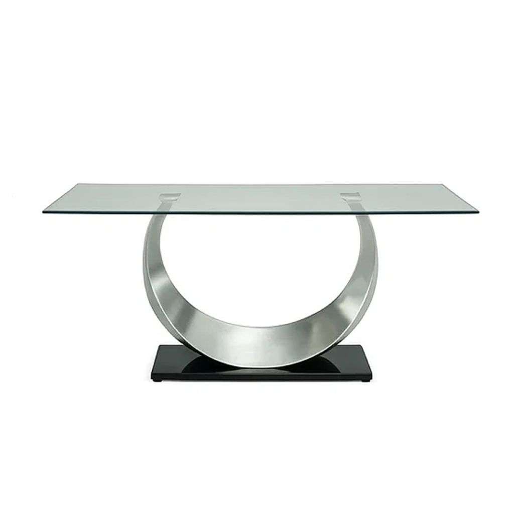 Metal and Glass Dining Table with Unique U Shape Pedestal Base, Chrome and Black - View 3