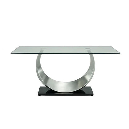 Metal and Glass Dining Table with Unique U Shape Pedestal Base, Chrome and Black - View 3