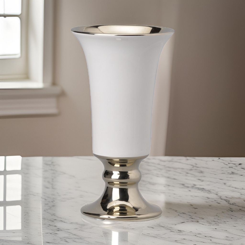 Ceramic Vase with Flared Top and Pedestal Base, Medium, White and Gold - View 7