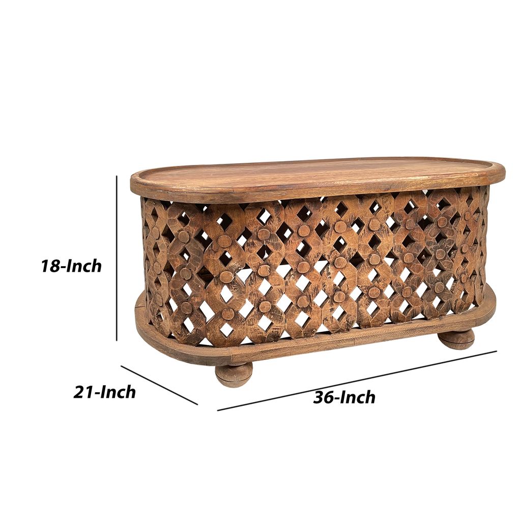 36 Inch Handcrafted Oval Coffee Table, Intricate Cutout Design, Antique Brown - View 5