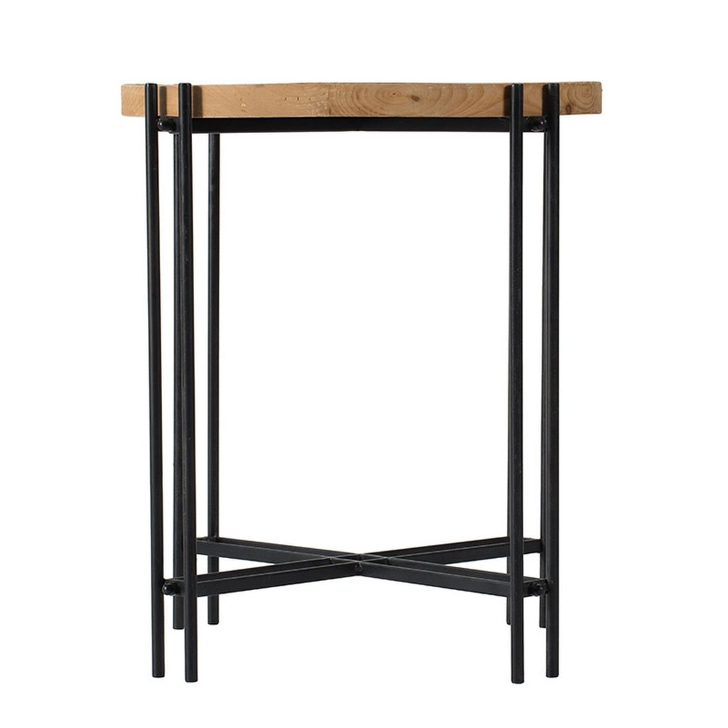 24 Inch Side Table, Modern, Round Tabletop, Carved Wood, Iron Frame, Brown - View 2