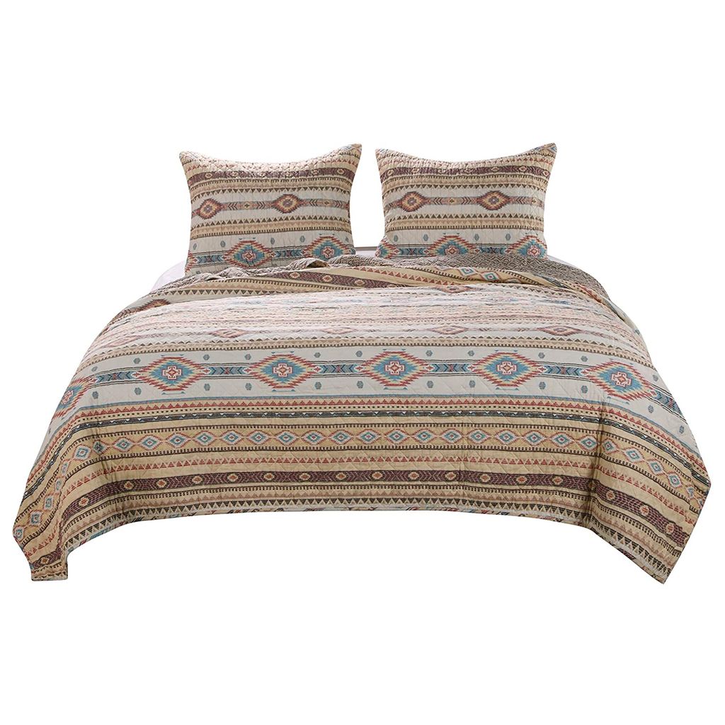 3 Piece Polyester Quilt Set with Kilim Pattern, Multicolor – King