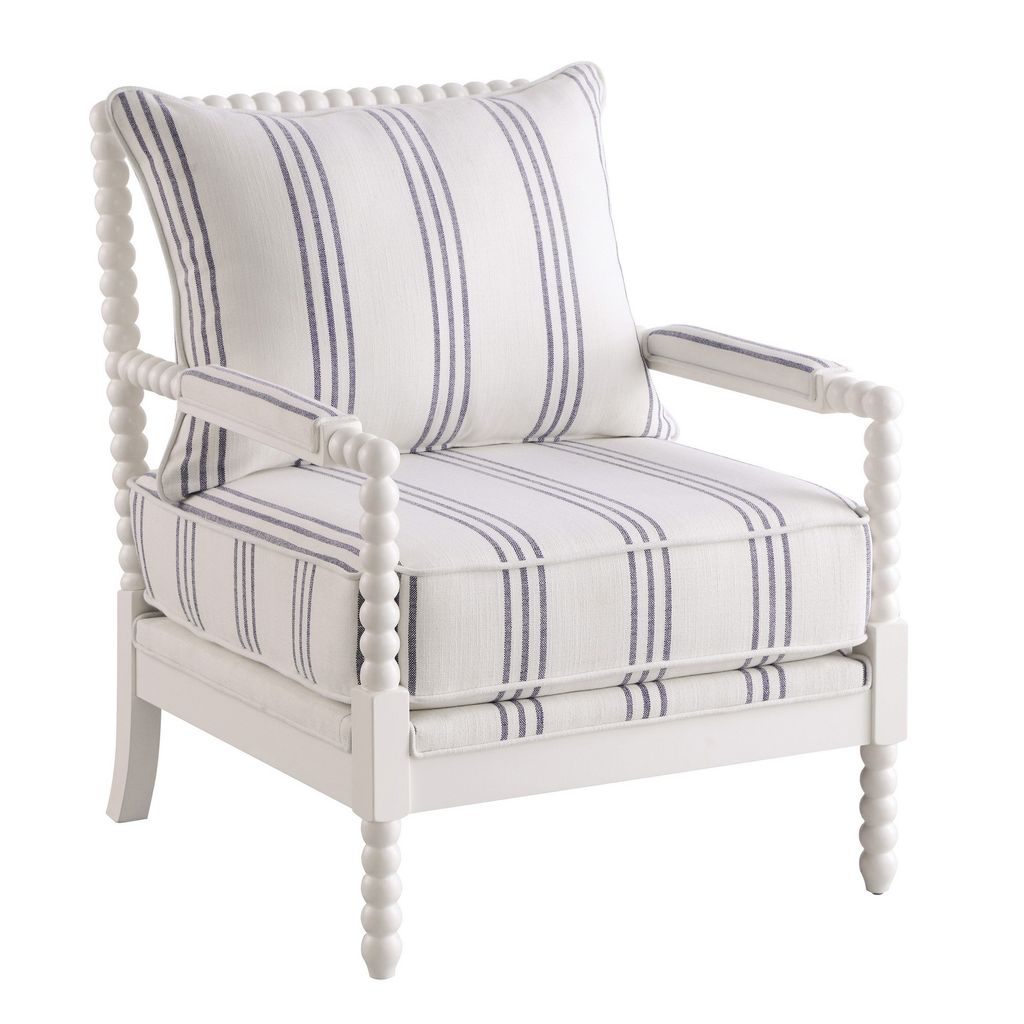 34 Inch Accent Chair, Reversible Pillow Backrest, Fabric, White, Navy