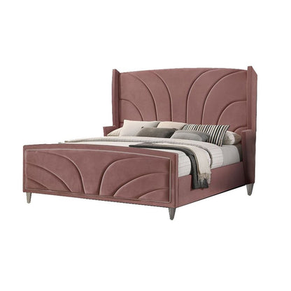 Kerith Modern Wood Bed, Wingback Frame, Pink Velvet, Chrome Legs – King