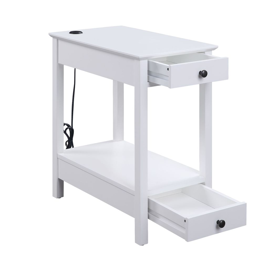 Wooden Frame Side Table with 2 Drawers and 1 Bottom Shelf, White - View 3