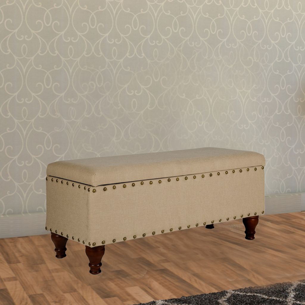Fabric Upholstered Wooden Storage Bench With Nail head Trim, Large, Tan Brown - View 7