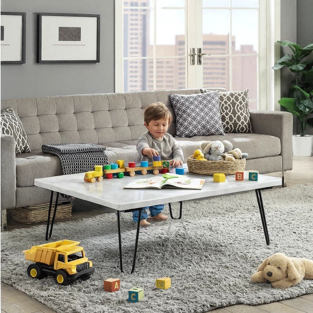 Marble Top Coffee Table with Hairpin Style Metal Legs, White and Black - View 7