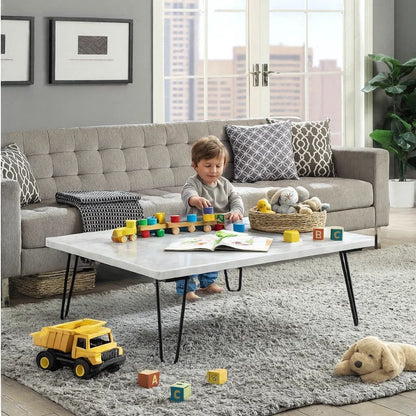 Marble Top Coffee Table with Hairpin Style Metal Legs, White and Black - View 7