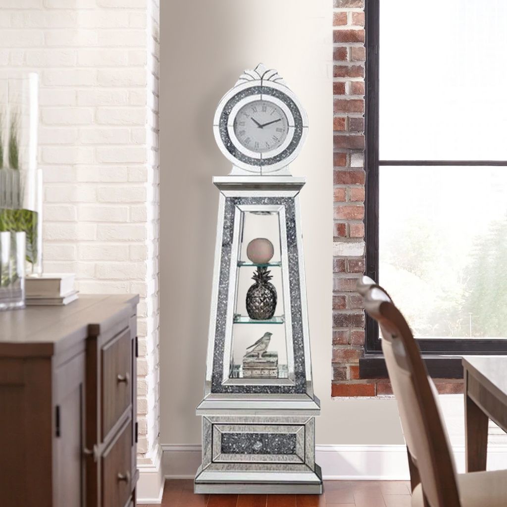 Mirrored Grandfather Clock with 3 Open Compartments, Silver - View 6