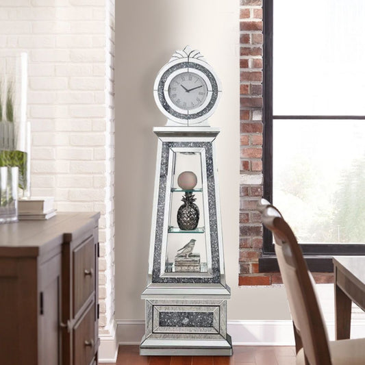 Mirrored Grandfather Clock with 3 Open Compartments, Silver - View 6