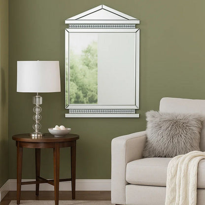 Rectangular Mirror Wall Decor with Faux Crystals and Triangular Top, Silver - View 3