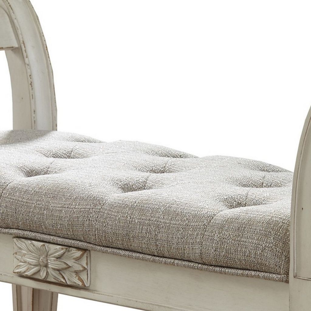 46 Inches Tufted Fabric Padded Wooden Accent Bench, Antique White - View 3